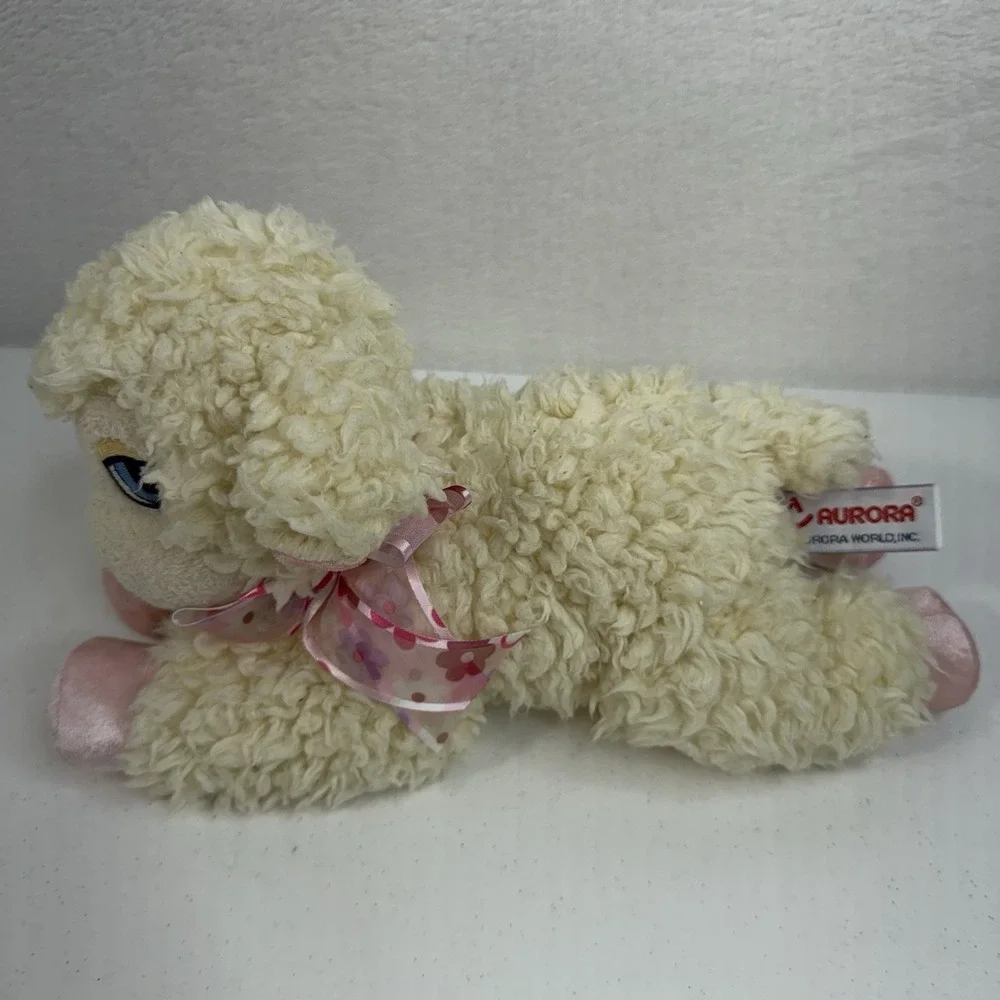 Aurora Lamb Sheep Plush Lovey‎ Bow Velvet Feet Ivory Pink Embroidered Face RARE